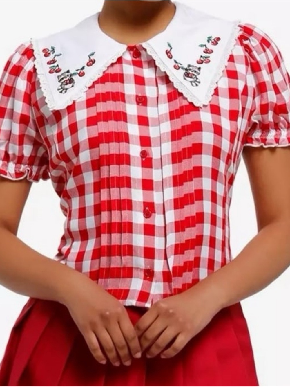 Red and White Gingham Button-Up Top with Embroidered Collar